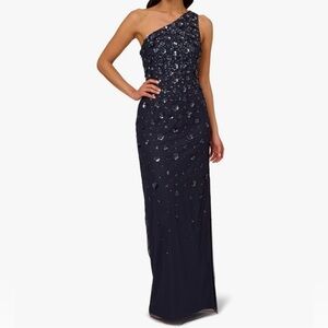 Adrianna Papell Women's One Shoulder Beaded Gown, Dusty Navy